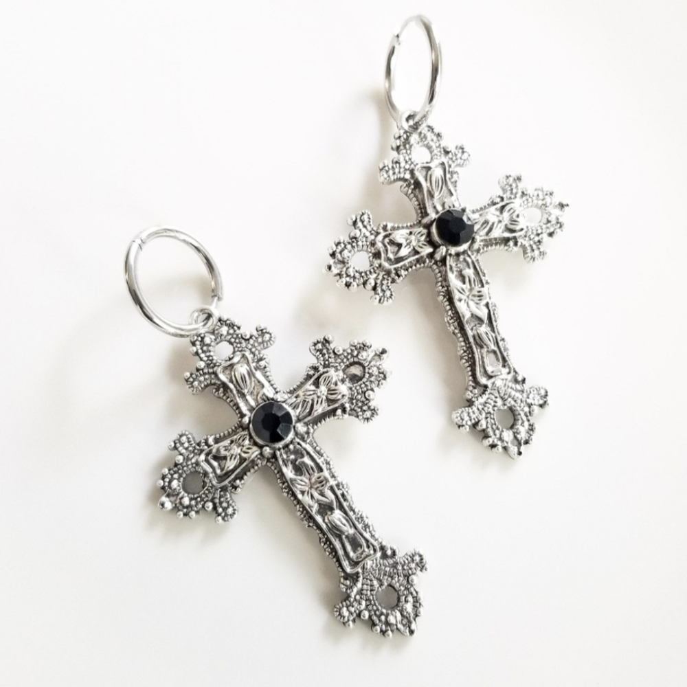 NEW Dolls Kill Silver Gothic Witchy Medieval Renaissance Style Cross Earrings - Picture 5 of 7